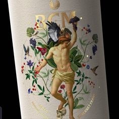 a bottle of wine with an image of a naked man holding a bird on it