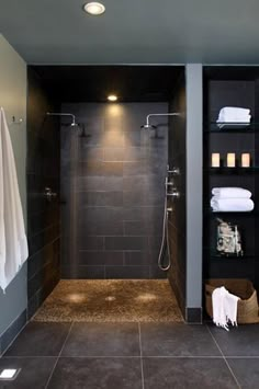 a walk in shower sitting inside of a bathroom