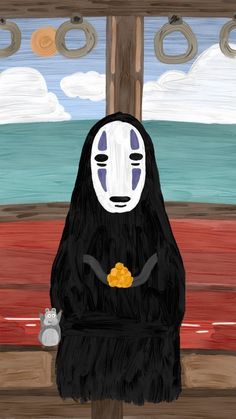 a painting of a person wearing a mask with food in front of them and the ocean behind it