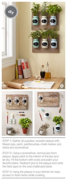 the instructions for how to make a diy wall planter with mason jars and herbs