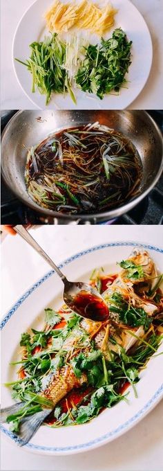 two plates with different types of food on them, one has noodles and the other has greens