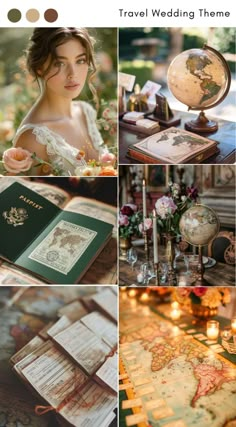 a collage of photos with maps, candles and other things to see on the table