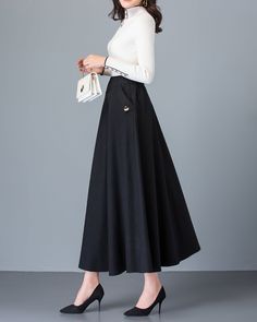 * A high-end long wool skirt with wide hem, very cool. * Made of wool blends, fully lined and with two side pockets. * Fixed waist on front, partial elastic waist on back and side invisible zipper. * Can custom make waist size and skirt length. * Material: Outer-50% wool, 50% polyester; lining-100% polyester * Washing instructions: Dry Clean Only * Size: True to US size, US 0-US 20 are available, you can let us know your usual size and height in your order. * Shipping: Free shipping Processing t Elegant Fall Skirt With Pockets, Fall A-line Pleated Skirt With Pockets, A-line Pleated Skirt With Pockets For Fall, Chic Wool Skirt With Pockets, Winter Office Skirt With Pockets, Formal Wide-leg Skirt With Pockets, Fall Maxi Skirt With Pockets, Elegant Fall Maxi Skirt With Pockets, Formal Wide Leg Skirt With Pockets