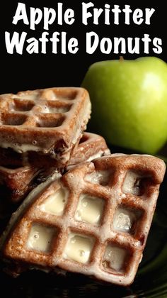 two waffles on a plate with an apple in the background and text overlay that says, apple fritter waffle donuts