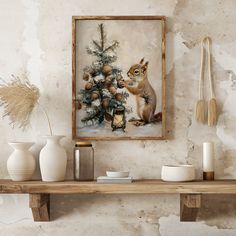 a painting of a squirrel next to a christmas tree with pine cones on the branches