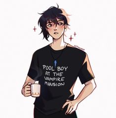 a drawing of a boy holding a coffee cup with the words pool boy at the vampire mansion on it