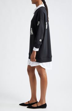 Bejeweled blooms alight upon a dress designed to look like a tunic-length sweatshirt layered over a crisp white shirt. 34" length (size Small) Back keyhole with button-and-loop closure Point collar Long sleeves with button cuffs Unlined 85% cotton, 15% polyester Dry clean Imported Oversized Sweatshirt Dress For Spring, Spring Sweatshirt Dress Loungewear, Spring Cotton Sweatshirt Dress, Long Sleeve Layer, Crisp White Shirt, Tunic Length, Chrysanthemum, White Shirt, To Look