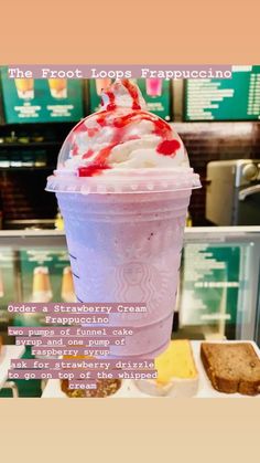 an ice cream sundae in a plastic cup with toppings on the side and text that reads, the foot loop frappuccine