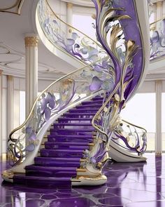 a purple and white spiral staircase in a large room