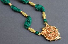 Gold Filigree Necklace, Temple Jewelry, Tribal Necklace, Green Silk Threads, Statement Necklace, Ind Spiritual Temple Necklace With Intricate Design For Celebrations, Spiritual Temple Necklace For Celebration With Intricate Design, Handmade Spiritual Temple Necklace For Celebrations, Intricate Design Pendant Temple Necklace For Rituals, Intricate Design Temple Necklace Pendant For Festivals, Pendant Temple Necklace With Intricate Design For Rituals, Temple Necklace With Intricate Design Pendant For Festivals, Intricate Pendant Temple Necklace For Rituals, Festival Temple Necklace With Intricate Design Pendant