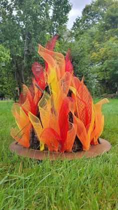 a fire pit in the middle of some grass