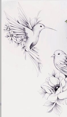 two birds sitting on top of flowers with one bird flying towards the camera and another bird looking at it