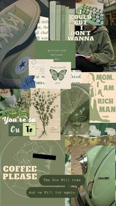 the collage is made up of many different things in green and white colors, including an image of a person sitting on a scooter