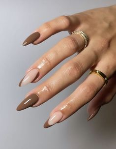 Brown Almond Nails Almond Coffin Shaped Nails, Classy Almond Shaped Acrylic Nails, Acrylic Nails Almond Shape Design, Long Almond Nails Designs Winter, Sultry Nail Designs, Almond Acrylic Nails Neutral, Nuteral Nails Fall, Neutral Simple Nails, Med Almond Nails Designs