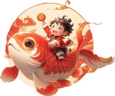 a young boy riding on the back of a red and white fish with gold accents