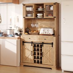 a wooden cabinet with wine glasses on it