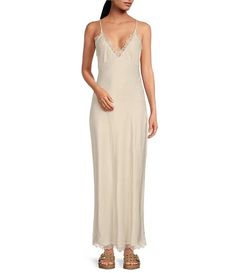 Gianni Bini x DANNIJO Colette Lace Trim V-Neck Sleeveless Maxi Slip Dress | Dillard's Maxi Slip Dress, Viscose Rayon, New York Street, Gianni Bini, Dillard's, Color Khaki, Invisible Zipper, Lace Detail, Lace Trim