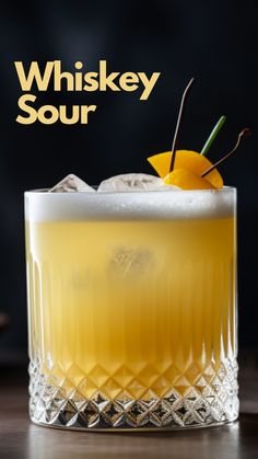 the whiskey sour cocktail is garnished with an orange slice and garnish