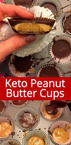 a person holding a peanut butter cupcake in front of a muffin tin filled with chocolate