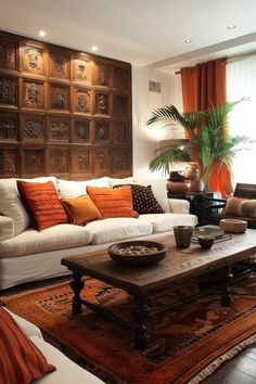 a living room filled with furniture and a large wooden paneled wall behind the couch