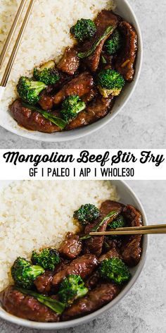 two bowls filled with beef and broccoli on top of rice next to chopsticks