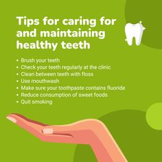 Keeping your teeth healthy requires a consistent oral care routine. Brush twice daily using fluoride toothpaste to remove plaque and prevent cavities. Floss daily to clean between teeth and protect your gums from infections. Limit sugary foods and acidic drinks, as they can erode enamel and lead to decay. Stay hydrated and chew sugar-free gum to promote saliva production, which helps wash away food particles. Regular dental check-ups are essential for early detection of issues and professional cleanings. By following these tips, you can enjoy strong, bright, and healthy teeth for life!

#HealthySmile #OralCare #StrongTeeth #DentalHealth #TeethCareTips Registered Dental Hygienist, Implant Dentist, Dental Surgeon, Dental Tourism, How To Prevent Cavities, Oral Care Routine, Dental Implant