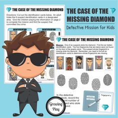 Are you looking for an activity to entertain your "spy kids"? The Case of the Missing Diamond is a FREE printable game that you can print and start playing right away. Combine imagination with physical activity and visual perceptual skills on this detective fingerprint mission. Mystery Games For Kids, Junior Detective, Detective Party, Detective Game, Free Games For Kids, Kid Detectives