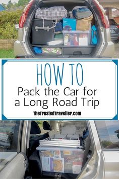 an open trunk in the back of a car filled with luggage and other things to pack for a long road trip