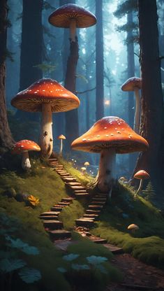 three mushrooms in the forest with stairs leading up to them and glowing lights coming from behind