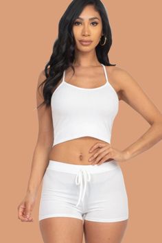 The802Gypsy  outfit sets ❤GYPSY LOVE- Ribbed Crop Cami Top & Shorts Set White High-waisted Casual Pajama Shorts, White Sporty Crop Top With Built-in Bra, Crop Top With Built-in Shorts For Loungewear, Summer Two-piece Loungewear Crop Top, Beach Crop Top With Built-in Bra And Stretch, Tube Top And Shorts, Camo Top, Top And Pants Set, Cropped Cami