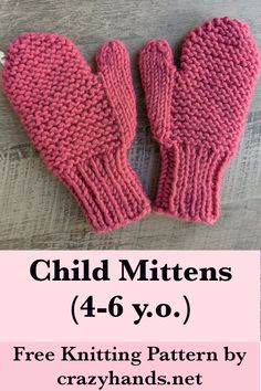 two pink knitted mittens sitting on top of a wooden table with text overlay