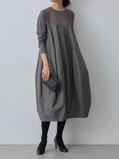 Long Sleeves Loose Split-Joint Round-Neck Midi Dresses Oversized Gray V-neck Dress, Cotton Dresses Summer, Dresses Casual Winter, Grey Midi Dress, Plain Dress, Maxi Shirt Dress, Polka Dress, Long Sleeve Shirt Dress, Types Of Dresses