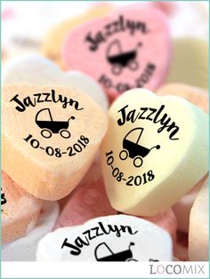 candy hearts with names and baby strollers on them