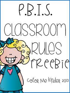 a blue and white classroom rules sign with a blonde haired girl in a blue dress