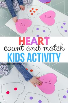 two children making heart cut out and matching paper hearts with the text, heart count and match kids activity