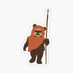 a cartoon bear with a beard holding a sticker on it's back and wearing an orange vest