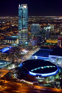 an aerial view of a stadium at night