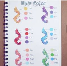 an open spiral notebook with hair colors on the pages and below it is a drawing of different types of hair