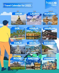 the travel calendar for 2013 is shown in blue and yellow colors, with images of different countries