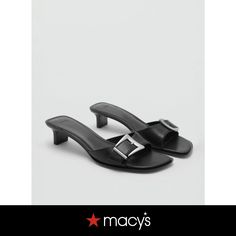 in stock Designer Black Sandals With Rectangular Buckle, Black Sandals With Rectangular Buckle Closure, Blaire Flower Buckle Leather Slide Sandals, Black Slip-on Sandals With Buckle Closure, Black Leather T-strap Sandals With Buckle Closure, Black Sandals, Leather Sandals, Mango, Buckle