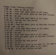 the instructions for puppy crate training are shown in black and white letters on a piece of paper