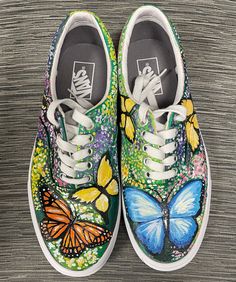 Who else is ready for spring? These shoes are hand painted with vibrant, non-toxic paint, and weatherproof for your lifestyle. Children's sizes are $70 up to size 3.  I can customize the colors/types of butterflies upon request, at no extra cost. Please feel free to message me if you have any questions! Green Custom Sneakers For Spring With Round Toe, Spring Green Custom Sneakers With Round Toe, Hand Painted Low-top Sneakers For Spring, Hand Painted Slip-on Sneakers For Spring, Spring High-top Hand Painted Sneakers, Spring Hand-painted High-top Sneakers, Spring Hand Painted Round Toe Sneakers, Artistic Hand Painted Custom Sneakers For Spring, Spring Waterproof Paint Sneakers With Round Toe