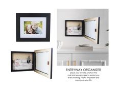 an open photo frame with two pictures in it and the words, entry way organizer