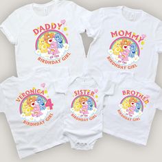 three white onesuits with the words, mom and baby on them in rainbow colors