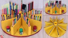 the pencil holder is made out of yellow paper and has pens in each section, along with markers