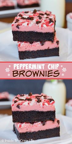 peppermint chip brownies with pink frosting and chocolate chips