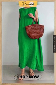 New Sleeveless Loose Dress Long Skirt Casual Solid Color Sleeveless Dress For Vacation, Casual Sleeveless Solid Color Dress For Vacation, Non-stretch Maxi Length Sleeveless Dress For Vacation, Casual Non-stretch Sleeveless Beach Dress, Casual Sleeveless Shift Maxi Dress, Spring Sleeveless Shift Maxi Dress, Sleeveless Shift Maxi Dress For Spring, Casual Green Midi-length Sleeveless Dress, Green Maxi Length Sleeveless Dress For Day Out