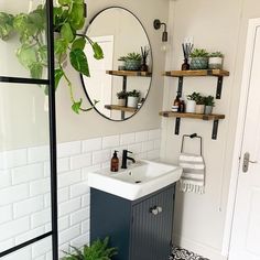 a bathroom with a sink, mirror and plants on the shelves above it's sink