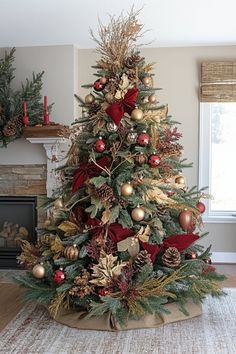 a decorated christmas tree with gold and red ornaments in a living room next to a fire place