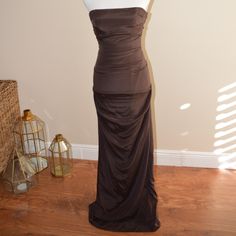 Gorgeous Chocolate Silk Gown By Nicole Miller. Strapless Silk Ruched Mermaid Gown, Is Sure To Turn Heads. Gown Is 94% Silk, 6% Spandex. Lining Is 97% Polyester And 3% Spandex. Zipper And Hook Closure At Back. All Offers Welcomed, This Dress Is Stunning Ladies! Ruched Gown, Silk Gown, Mermaid Gown, Nicole Miller, Mermaid, Prom Dresses, Prom, Spandex, Silk